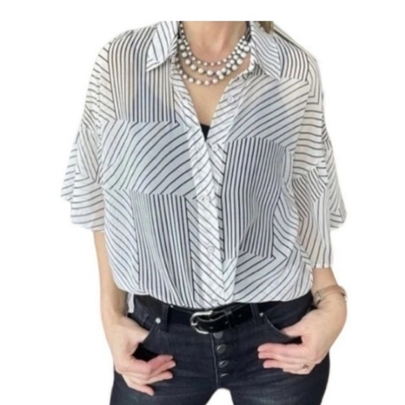 Cabi Shirt Sheer L Button up White Bell Sleeve Striped Oversized Minimalist - Picture 1 of 4
